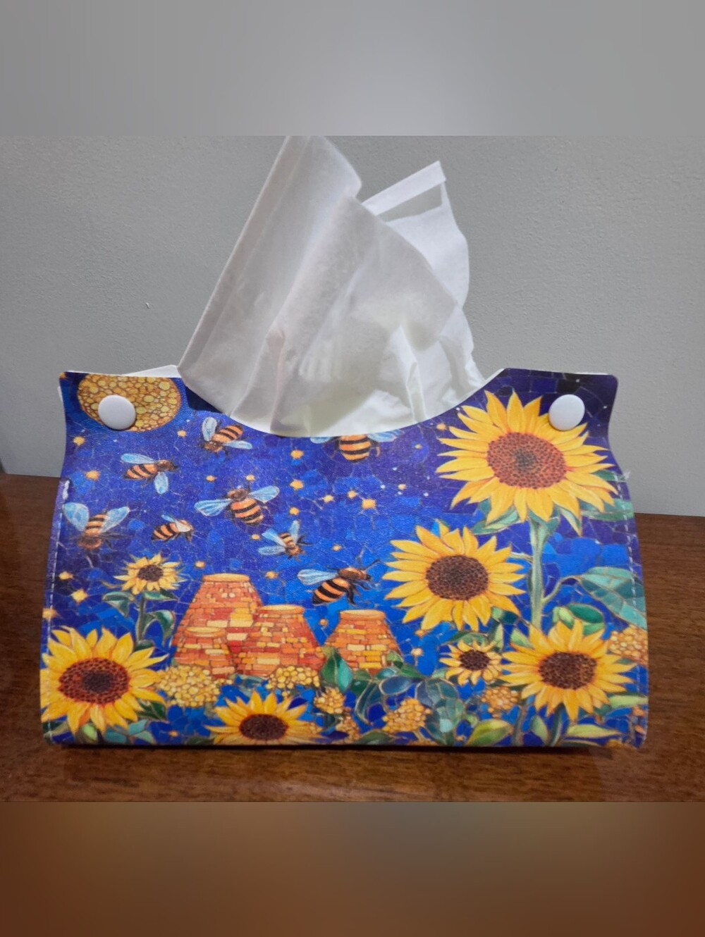 New Sunflower and Bee Tissue Box Vibrant Mosaic Style Holder 8" Length